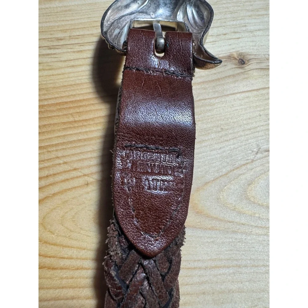 Argentina Vtg women's Belt Silver tone Engraved Buckle Boho Braided Leather  34